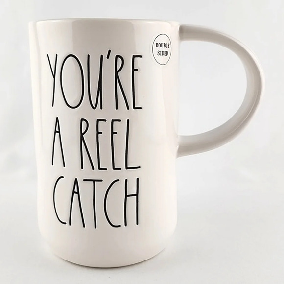 Rae Dunn Artisan Double Sided YOU'RE A REEL CATCH Fishing Tall White Green Mug - Picture 2 of 12